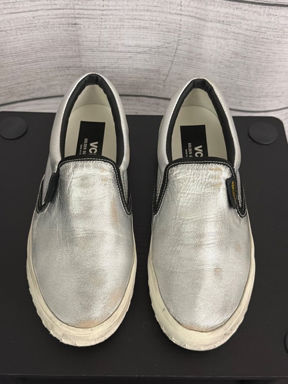 Golden Goose VCE Slip-On Sneakers Silver/Black Leather Size 38